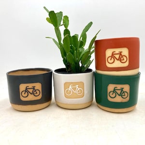May include: Four ceramic planters in black, white, red, and green, each with a bicycle graphic on a tan square. The planters have a natural, unglazed base and are filled with a green plant. The planters are cylindrical.