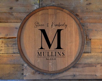 Personalized Est Date Wine Barrel Head Sign, Custom Name Wood Wall Plaque, Monogram Wedding Gift, Wooden Lazy Susan, Wood Serving Platter