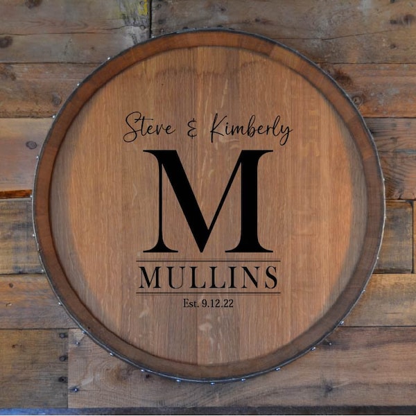 Personalized Est Date Wine Barrel Head Sign, Custom Name Wood Wall Plaque, Monogram Wedding Gift, Wooden Lazy Susan, Wood Serving Platter