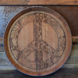 Floral Peace Sign Custom Wine Barrel Head/Lazy Susan/Clock/Wall Art/Wall Hanging/Laser Engraved/Laser Engraving/Wedding Gift/Free Shipping