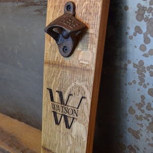 Wood Monogram Beer Bottle Opener, Personalized Bottle Opener, Custom Groomsmen Gift, Mancave Decor, Wine Barrel Stave Beer Bottle Opener