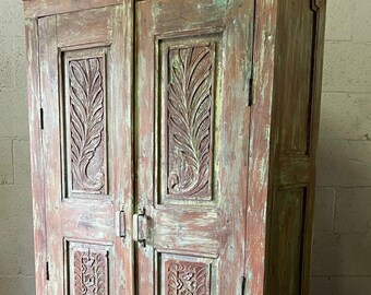 Rustic Green Gray Armoire, Birds of Paradise Carved Wardrobe Cabinet, Reclaimed Wood Storage  Bedroom Chest, Farmhouse Decor 75X38
