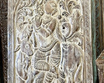 Vintage Carved Door, Marblewash Krishna Wall Art, Fluting Krishna with Cow, Custom, Barndoor, Artistic Indian Door, Carved Sculpture, 72x35