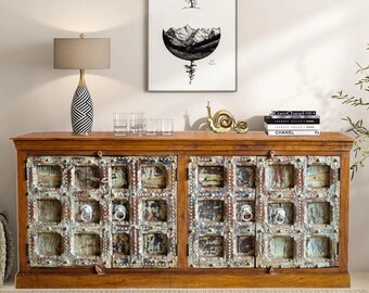 Antique Old Doors Credenza, Greenish Patina Buffe, Farmhouse Sideboard, Rustic Carved Chest, Dining Buffet, Long Credenza Cabinet 82x37