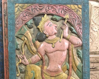 Rama and the Bow - Indian Carving, oLD wORLD ELEMENTS Door Panel Vintage Hand Carved Wood Sculpture, Eclectic Boho Decor
