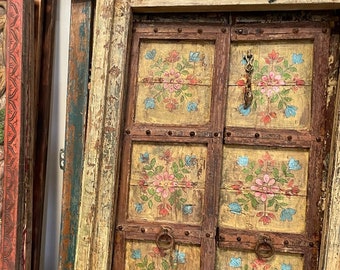 Antique Indian Door, Outdoor Garden Exterior Door with Frame, Shabby Chic Marigolds Painted Door, Teak Architectural Design Door, 74x41