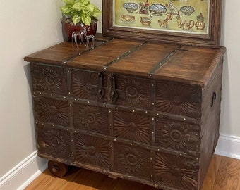 Antique Indian Wooden Trunk, Accent Table, Vintage Patina Carved Chest on Wheels, Old Dowry Chest, Hope Chest, Unique Eclectic
