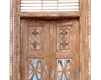 1900s Antique Doors With Frame, Farmhouse Doors, French Style Carved Wooden Teak Doors, Old World Architecture Elements, Shabby Chic 98x54