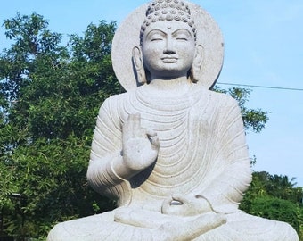 PRE ORDER-Natural Stone Protection Buddha Garden Statue, Handcarved Buddha Granite Stone Zen Outdoor Meditating Sculptures, Custom Statue