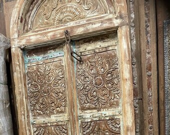 Whitewash Indian Door, Antique Teak Door, Mehrab Door, Arched Carved Door, Architectural Design, Floral Carved Doors