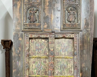 Antique Barn Doors,  Indian Door Panels, Painted Floral Handmade Doors, Rustic Boho Farmhouse Doors 84x40