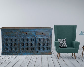 Rustic Credenza, Carved Farmhouse Sideboard, Antique Doors Cabinet, Blue Storage Chest, Sideboard, Buffet, Media Console 71x38