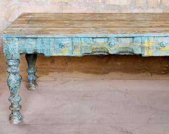 Rustic Blue Floral Painted Table, Tall Takht Coffee Table, Carved coffee table, Farmhouse Accent Table, Mid Century Modern Coffee Table