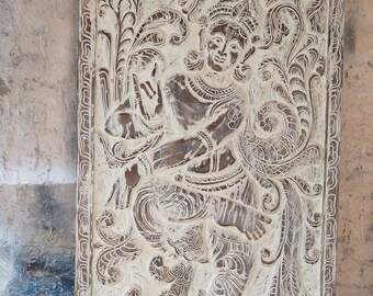 Vintage Wall Sculpture, Krishna Wall Art, Carved Fluting Krishna on Lotus, Barndoor, Artistic Unique Eclectic Custom Barn Door 83X36