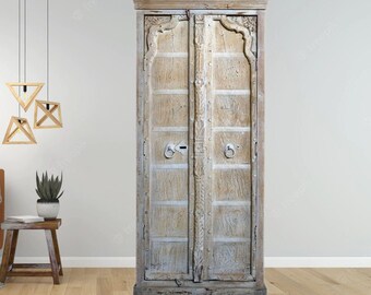 Rustic Vintage Armoire, Whitewash Old Door Cabinet, Farmhouse, Spanish, Reclaimed Woods, Storage Tall Armoire, Unique Eclectic, 75"
