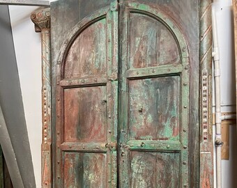 Antique Teal Green Door, Rustic Arched Teak Door, JAIPUR Mehrab Door, Indian Barn Door, Farmhouse Barndoors 87