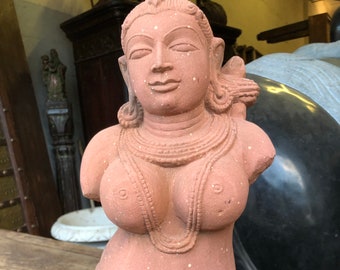 Antique India Apsara Statue, Beautiful Handmade Unique Garden Bust, Outdoor Patio Decor, Pink Jaipur Stone, 17 inches