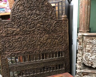 Indian Rustic Kashmir India Intricate Floral Caved DAYBED Headboard Hand Carved Wood Ornate Design Teak Wood Unique 18c