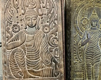 Buddha Carved Wood Sculpture, Vintage Budha Barndoor, Yoga Wall Decor, Earth Touching Buddha Art, Barn Door 84x36