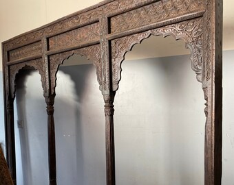 Antique Indian Carved Teak Triple Arch, Triple Arch, Ornate Carved Both sides Archway, India Architectural Design Elements, Eclectic 118x90