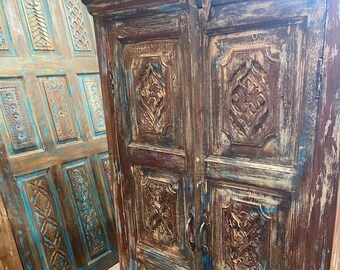 Rustic Carved Cabinet Blue Hues Armoire Reclaimed Wood Storage Cupboard Boho Farmhouse Chest