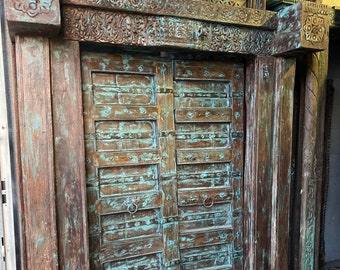 Antique India Old Haveli Doors,Garden Door,Rustic Teak Doors, Country Farmhouse, Patio doors, Unique Architecture Garden Doors 19c