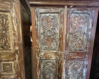 Rustic Ornate Armoire, Carved Medallions Cabinet, Unique Old World, Reclaimed Wood, Wardrobe, Blue Ochre Hues, Handcrafted Wardrobe