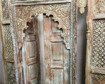 Antique Terrace Window Indian Jharokha Blue Patina Carved Wood Window Outdoor Country Farmhouse Rustic Teak Garden Decor