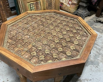 Vintage Round Coffee Table, Ornate Indian Brass Rustic Chai Table, unique coffee table, Carved Table, Accent table,