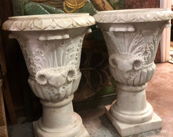 OLD WORLD Marble Planters Pair, Ram head URNS planter, hand carved Agra Marble Planter, garden decor