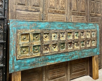 Vintage Door Headboard, Green hues, Brass Medallions King Headboard, Rustic Statement Decor, Eclectic Country Farmhouse, Unique 90x54