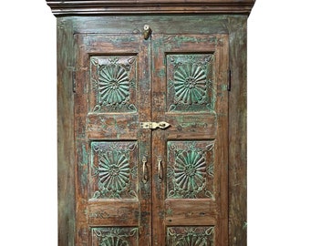 Antique Indian Armoire Sunburst Medallions | Vintage Green Cottage Cabinet in Teak Woods | Rustic  Boho Storage Armoire 68x34
