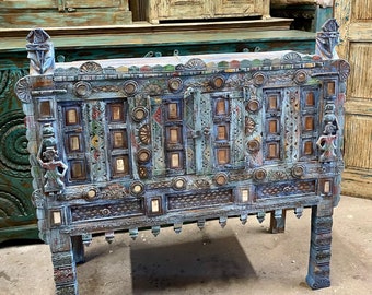 Eclectic Blue Vintage Indian Chest, Tribal Mirrors Banjara Damchiya, Boho Home, Hall Table, Vanity, 45x36x16