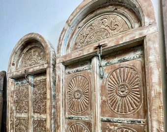 Antique Carved Arched Door from India, Tall Rustic Doors, Sunray Carved Teak Exterior Doors, Unique Eclectic, Whitewash Carved Doors 97