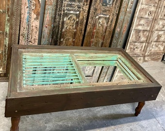 Vintage Indian Window Coffee Table, Mirror, Rustic Chai Table, Cocktail Table, Hand Carved Table BOHO Farmhouse Home Decor