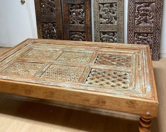 Rustic Jali Coffee TABLE, Vintage Dusky Blue Hues Distressed Accent Table, Old Jharokha CHAI Table, Farmhouse Decor