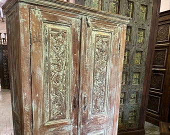 Rustic Blue Hues Unique Cabinet, Floral Carved Armoire, Storage FARMHOUSE Eclectic Organic Decor