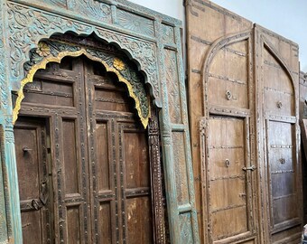 Antique Indian Carved Arch, Distressed Blue Architectural Doorway, Decorative Carved Huge Floor Mirror, Archway, Unique Eclectic