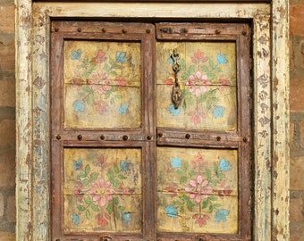 Antique India Door, Rustic Teak Door, Floral Painted Door, Farmhouse Garden Doors, Boho Chic, Spanish Inspired, Unique Eclectic, 74x41