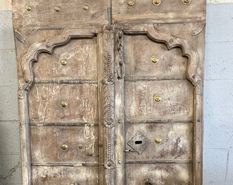 Antique Door Panels Pair, Rustic Teak Wood Brass Iron Barn Doors, Original Patina Sliding Doors, Handmade Unique Door Farmhouse Decor