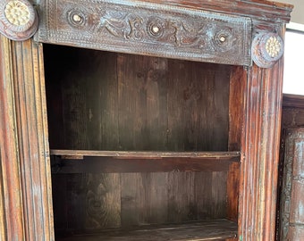 Vintage Open Bookcase, Midcentury Shell inlay Bookcase, Rustic Farmhouse Blue Bookshelf, Tall Cabinet, Display Shelf, eclectic 82