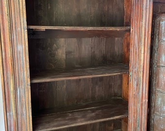 Reclaimed Wood Carved Bookshelf, Vintage Tall Storage Bookshelf, Blue Hues, Cowrie shells, Unique Eclectic Decor