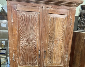 Unique Rustic Antique Cabinet, Tall Cabinet, Sunrays Carved Teak, Eclectic Armoire Rustic Vintage Farmhouse Storage