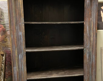 Unique Boho Bookshelf, Farmhouse Country Decorative Shelving Unit, Vintage Tall Storage Blue Hues Reclaimed Wood Carved Bookshelf