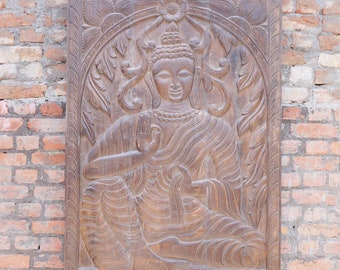Vintage Vitarka Mudra Meditating Buddha Door Panel Hand Carved Wall Hanging, Buddhist Wall Art, Barn Door Buddha Sculpture Yoga At Home