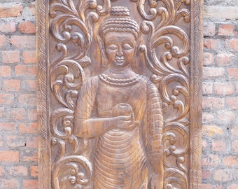 Vintage Wood Standing Buddha, Wall Hangings, Budha Blessing Bowl Wall Art, Hand Carved Door, Barn Door Sculpture 72x36