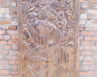 Vintage Indian Art Barn Door Panel Dancing Krishna Carving Wall Hanging Sculpture Wall Art Old WORLD DECOR 84X36
