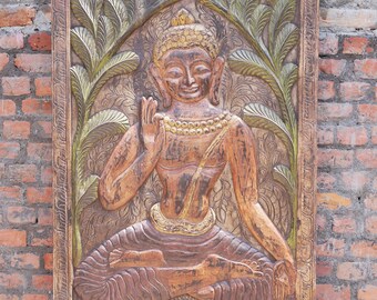 Vintage Colorful Buddha Vitarka Mudra Door Panel Hand Carved Wall Hanging, Buddhist Wall Art, Barn Door Buddha Sculpture 72x36