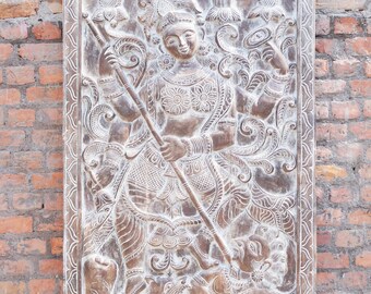 Vintage Wall Sculpture Goddess Durga Fighting with Evil Powers, Mahishasurmardini, Hand Carved Barn Door Panel