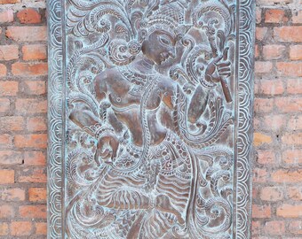 Vintage Blue Krishna Fluting Carving, Barn Door Panel, Dancing Krishna Carved Wood Wall Hanging, Sculpture Panel, Artistic DECOR
